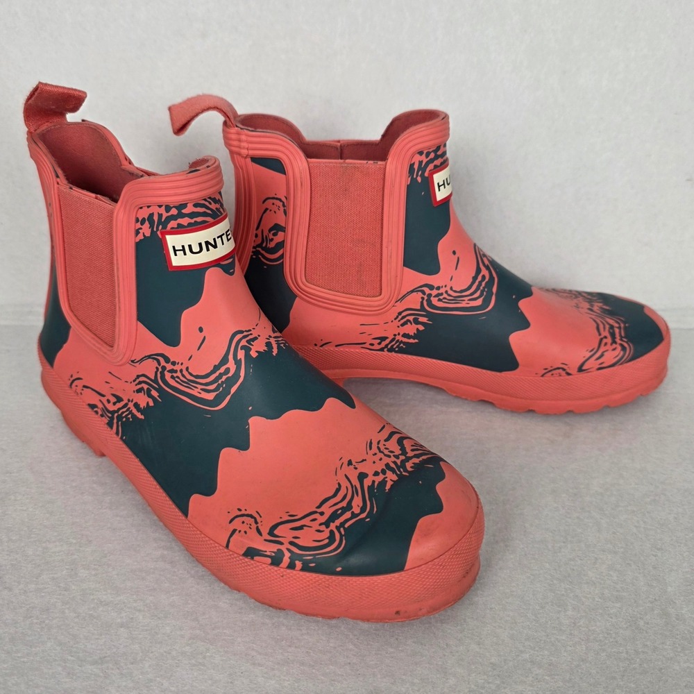 Hunter Original Chelsea Rain Boots Coral Pink Black Marble Print Womens Size 8 - Picture 5 of 8